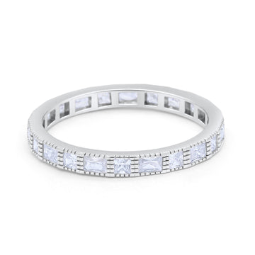 Stackable Wedding Band Art Deco Round Simulated CZ 925 Sterling Silver